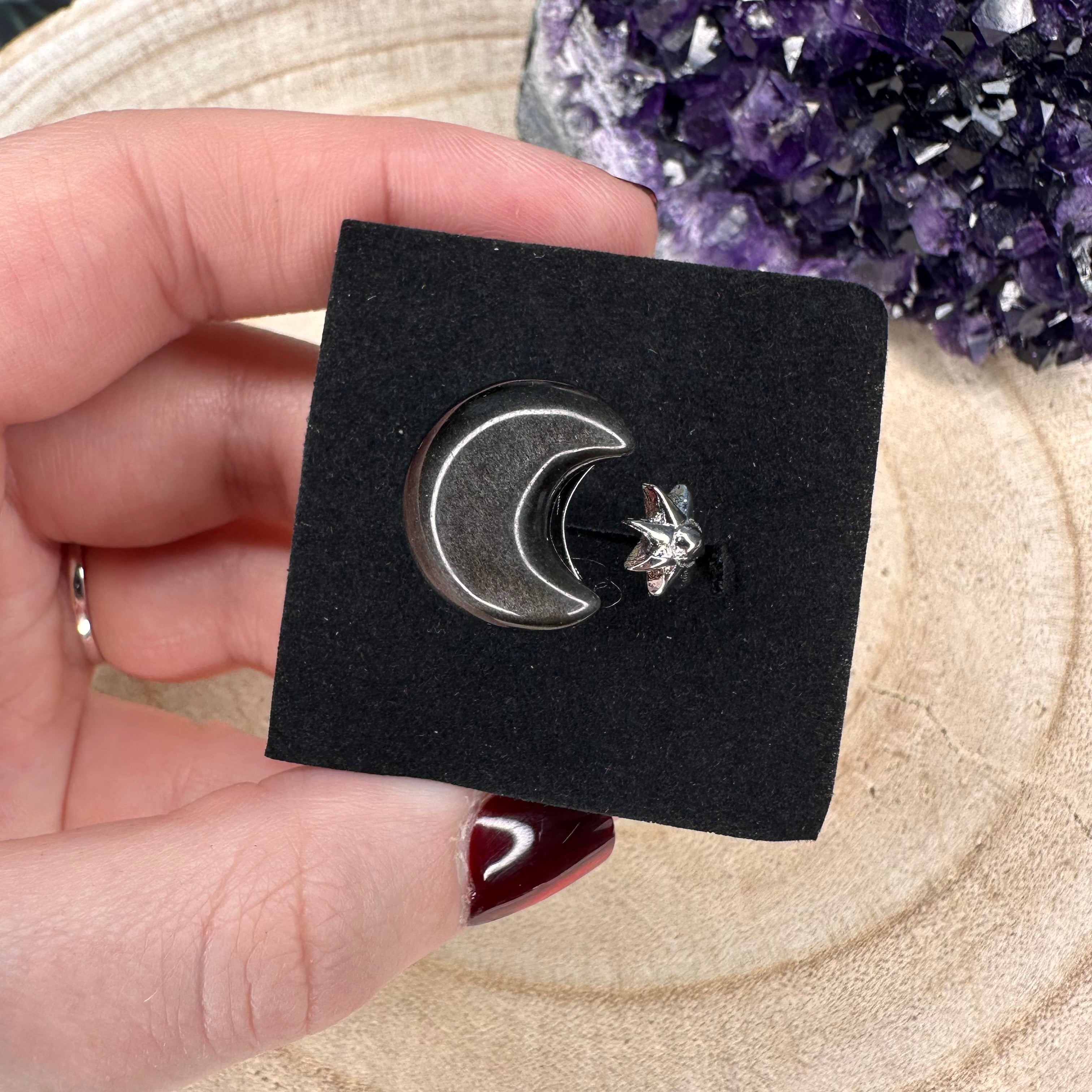 Silver Obisidian Moon and Sun Ring - Adjustable