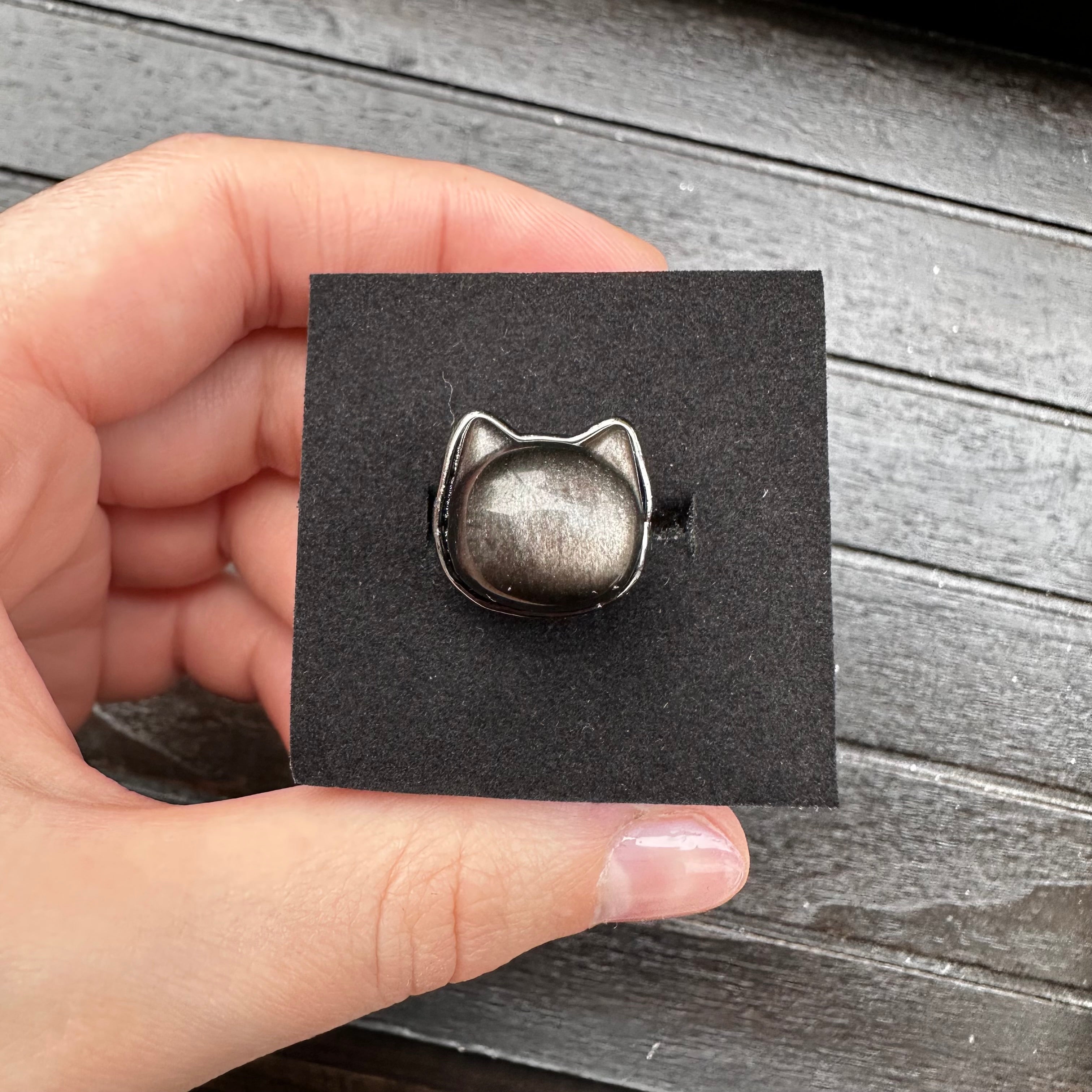 Silver Obsidian Cat Ring - Adjustable